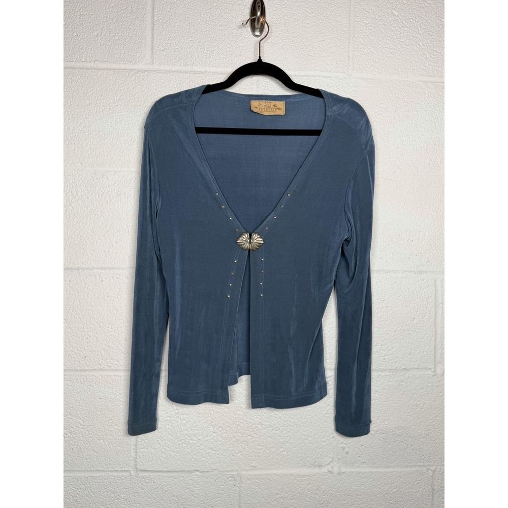 New Frontier Blue Western Top Small Studded Concho V Neck Boho Festival